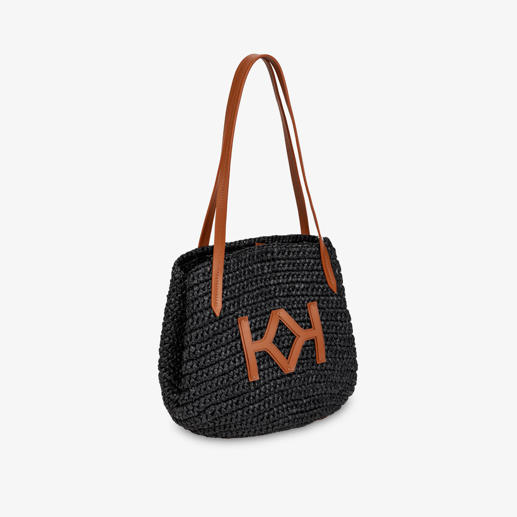 Logo Raffia Tote Black/Almond