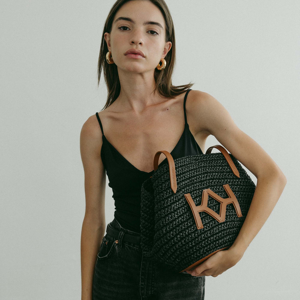 Logo Raffia Tote Black/Almond